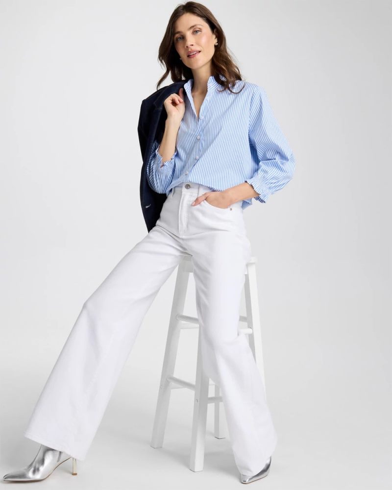 Chicos Striped Poplin Ruffle Neck Shirt - TIDAL BLUE