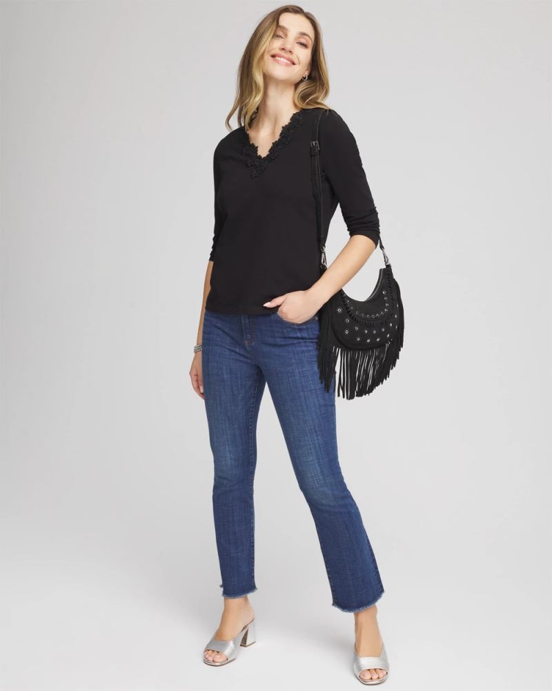 Chicos Lace Stretch-Cotton Tee - BLACK