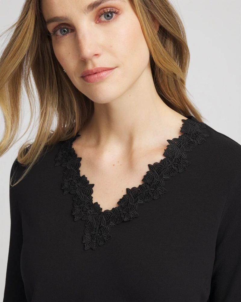 Chicos Lace Stretch-Cotton Tee - BLACK