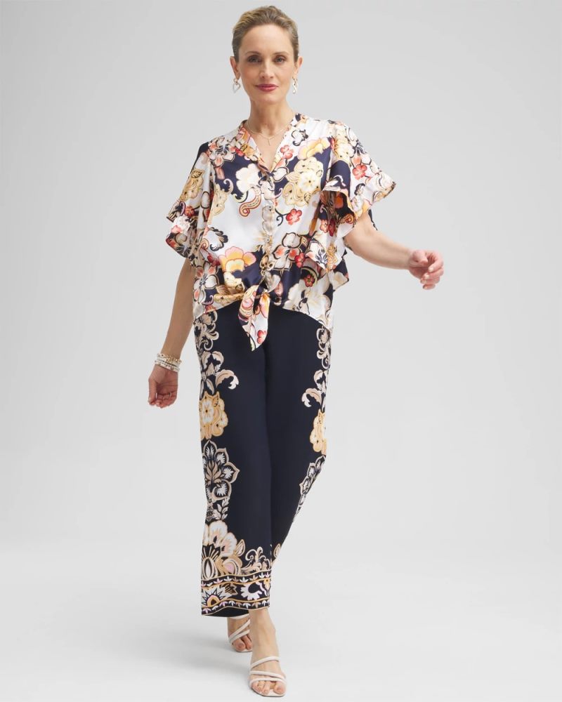 Chicos Satin Ruffle Sleeve Tie Front Shirt - CLASSIC NAVY