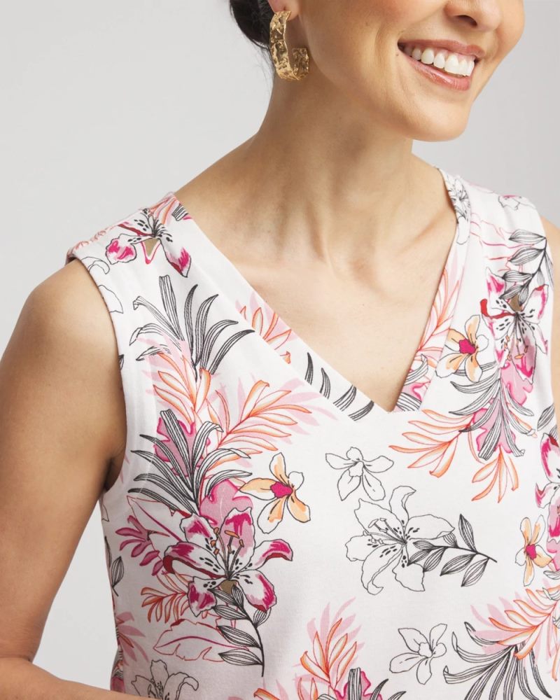 Chicos Floral Sleeveless V-Neck Tank - ALABASTER