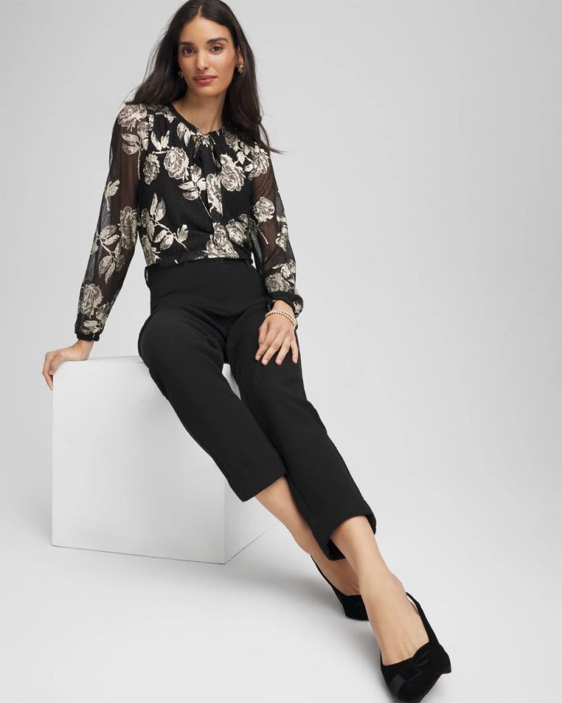 Chicos Floral Metallic Bodre Top - BLACK
