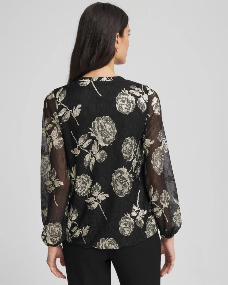 Chicos Floral Metallic Bodre Top - BLACK