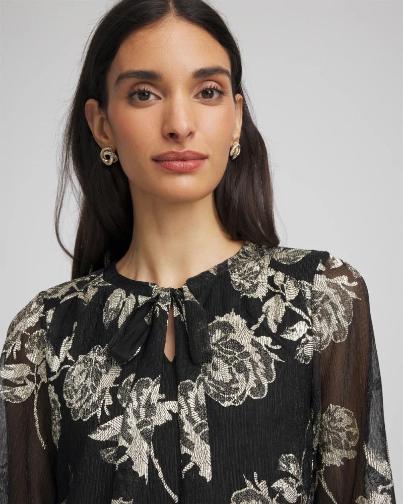 Chicos Floral Metallic Bodre Top - BLACK