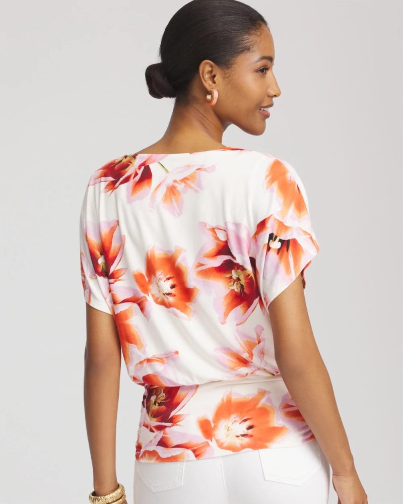Chicos Touch of Cool™ Tropical Ruched Banded Hem Top - ORANGE TANGO