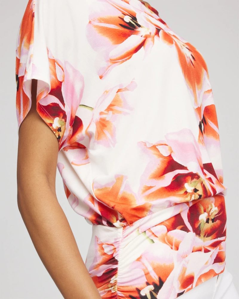 Chicos Touch of Cool™ Tropical Ruched Banded Hem Top - ORANGE TANGO