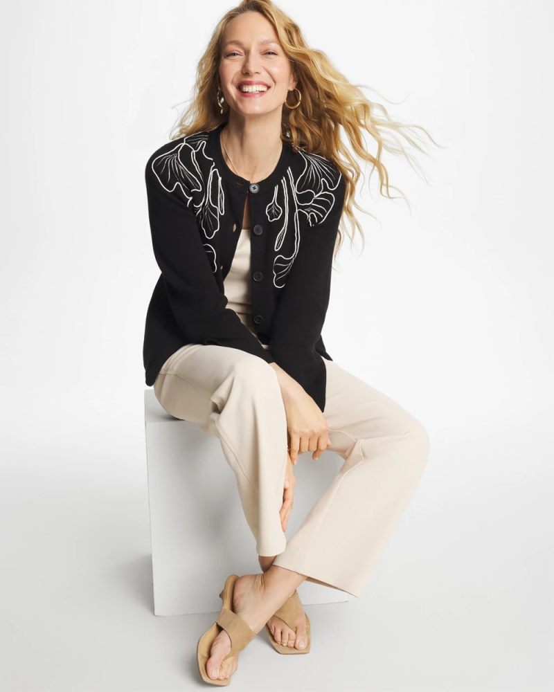 Chicos Embroidered Crewneck Cardigan Jacket - BLACK