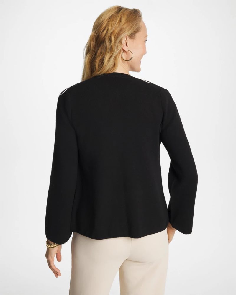 Chicos Embroidered Crewneck Cardigan Jacket - BLACK