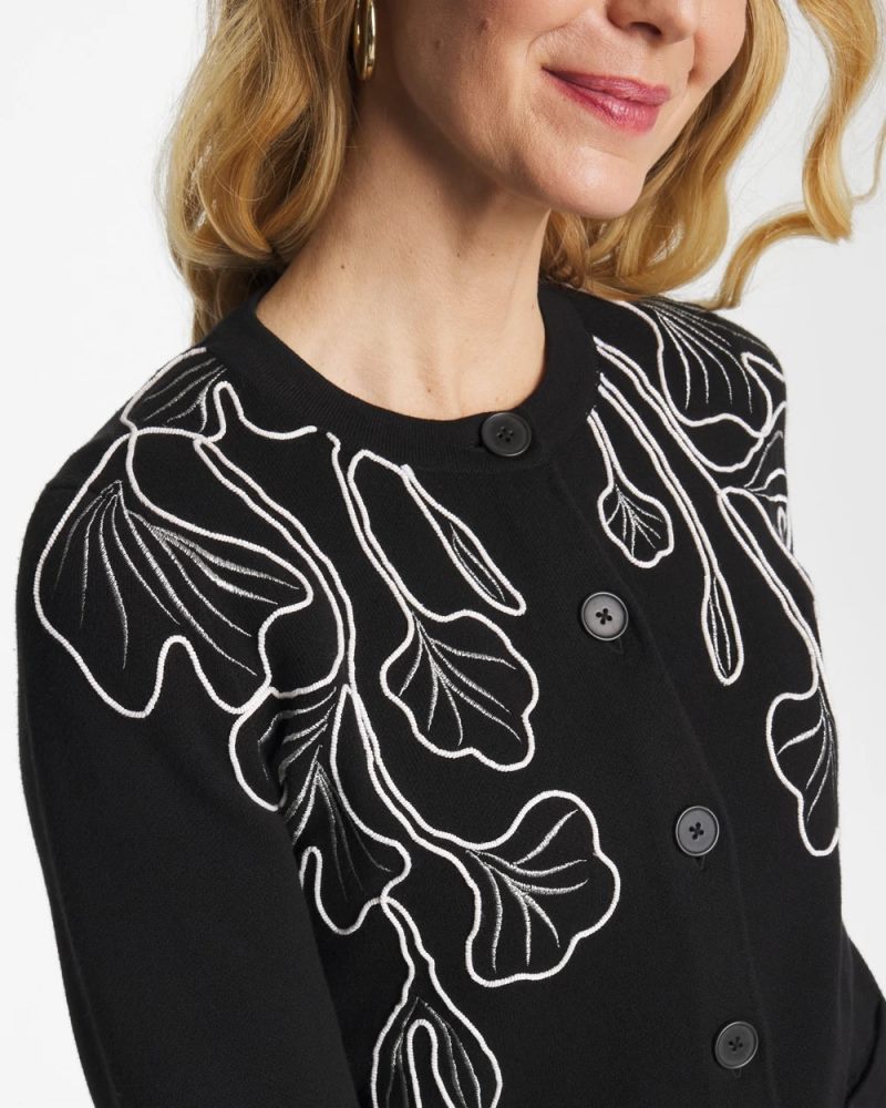 Chicos Embroidered Crewneck Cardigan Jacket - BLACK