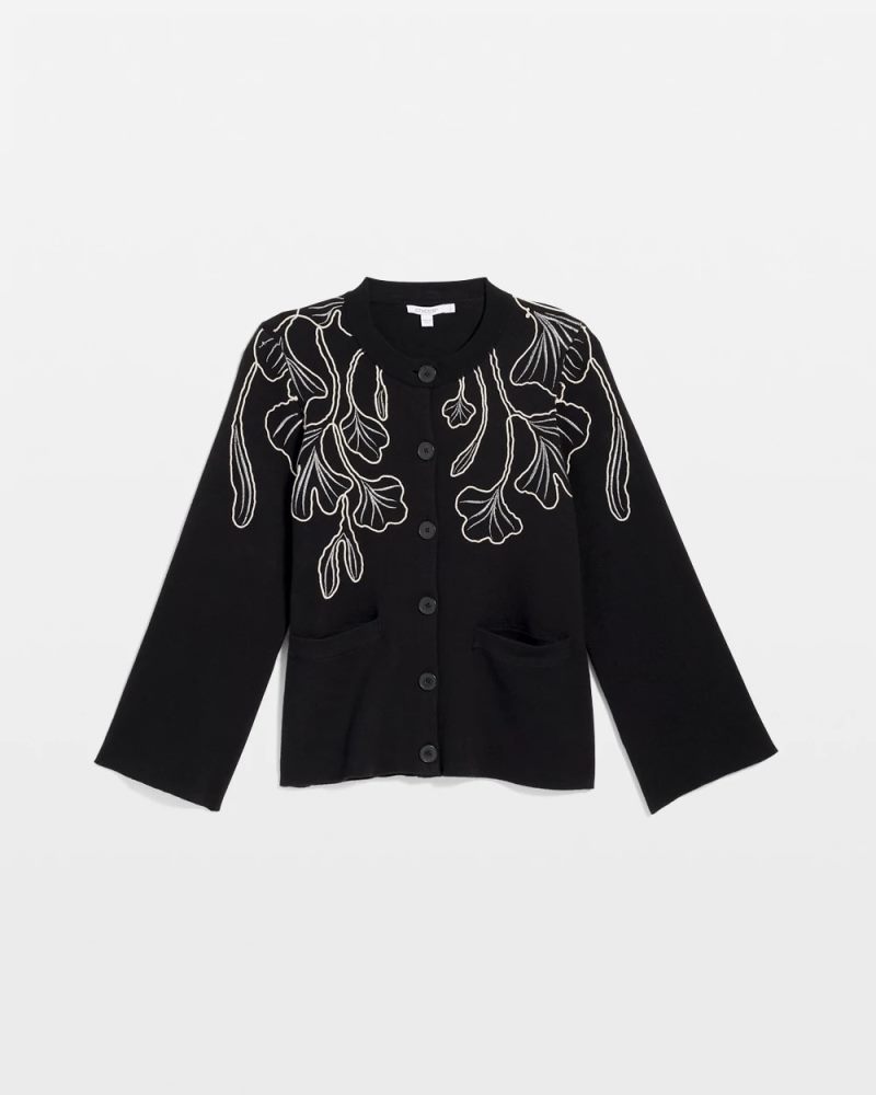 Chicos Embroidered Crewneck Cardigan Jacket - BLACK