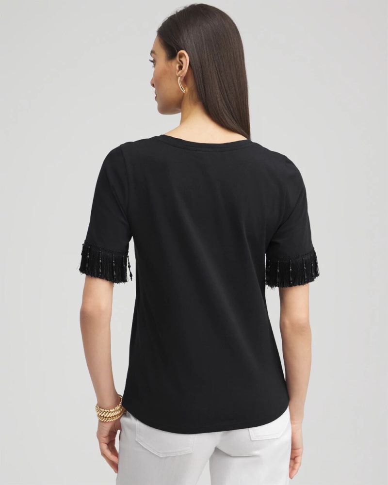 Chicos Fringe Trim Top - BLACK