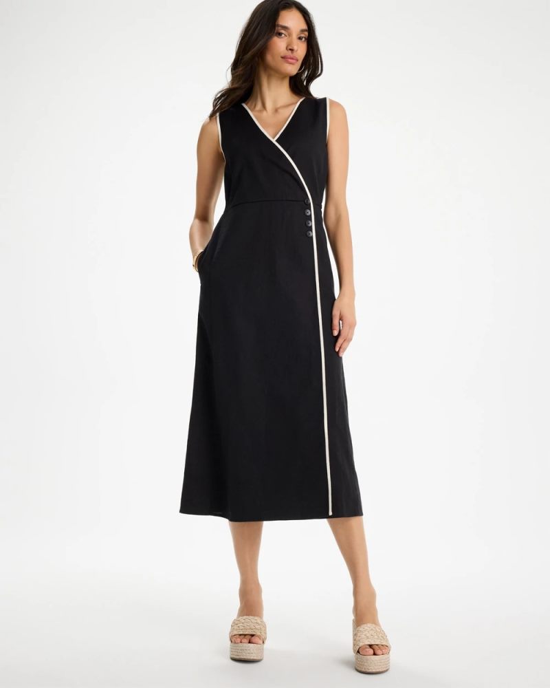 Chicos Sleeveless Surplice Linen Dress - BLACK