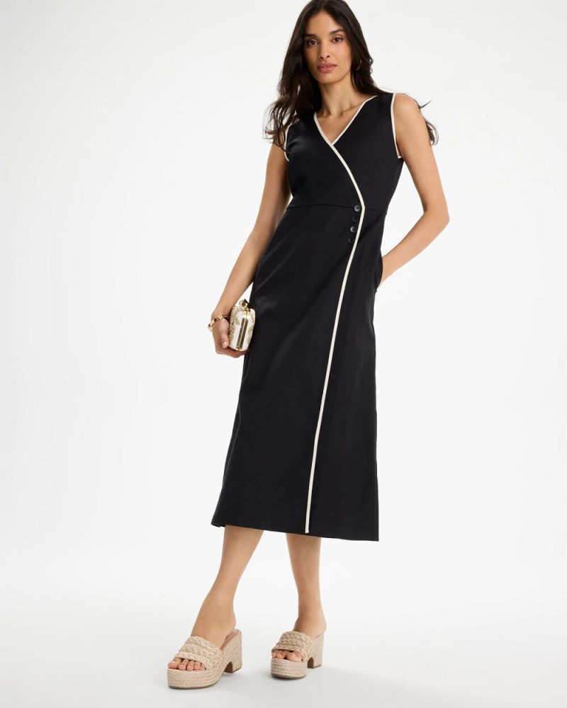 Chicos Sleeveless Surplice Linen Dress - BLACK