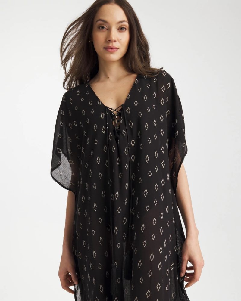 Chicos Printed Kaftan Swim Cover-Up - BLACK/NEUTRAL
