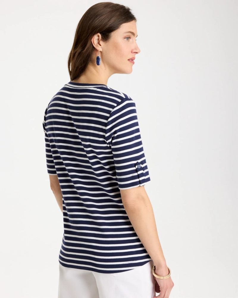 Chicos Pima Striped Elbow Sleeve Tee - PASSPORT BLUE