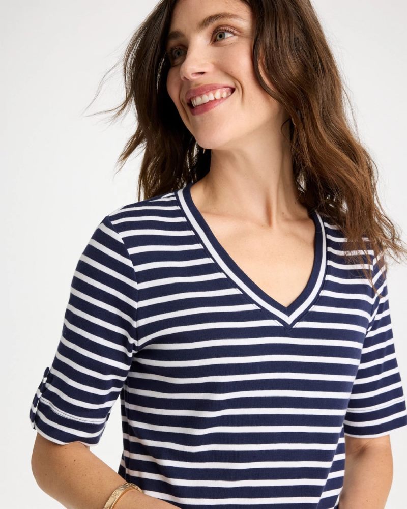 Chicos Pima Striped Elbow Sleeve Tee - PASSPORT BLUE