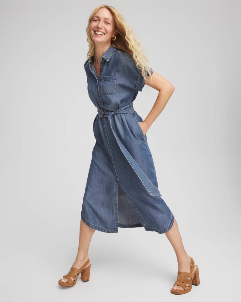 Chicos Denim TieMidi Shirtdress - WHIMSICAL INDIGO