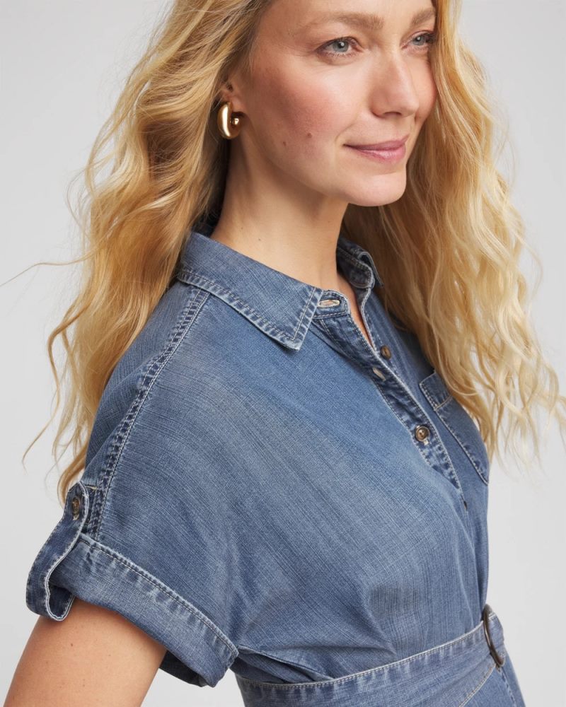 Chicos Denim TieMidi Shirtdress - WHIMSICAL INDIGO