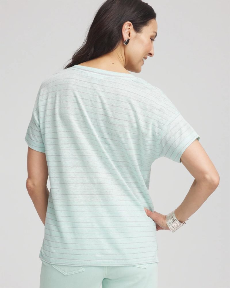 Chicos Striped Sweater-Trim Linen Tee - TEAL WATERS