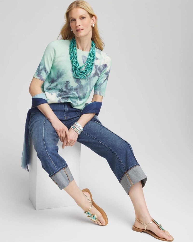 Chicos Metallic Butterfly Print Sweater Tee - TEAL WATERS