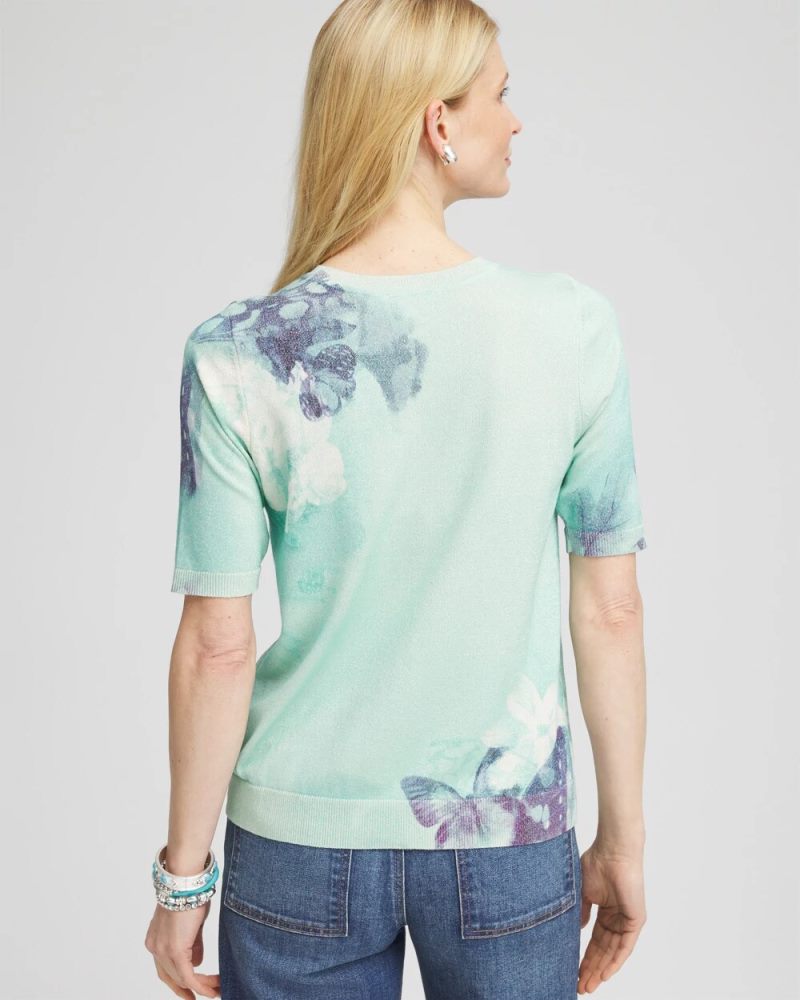 Chicos Metallic Butterfly Print Sweater Tee - TEAL WATERS