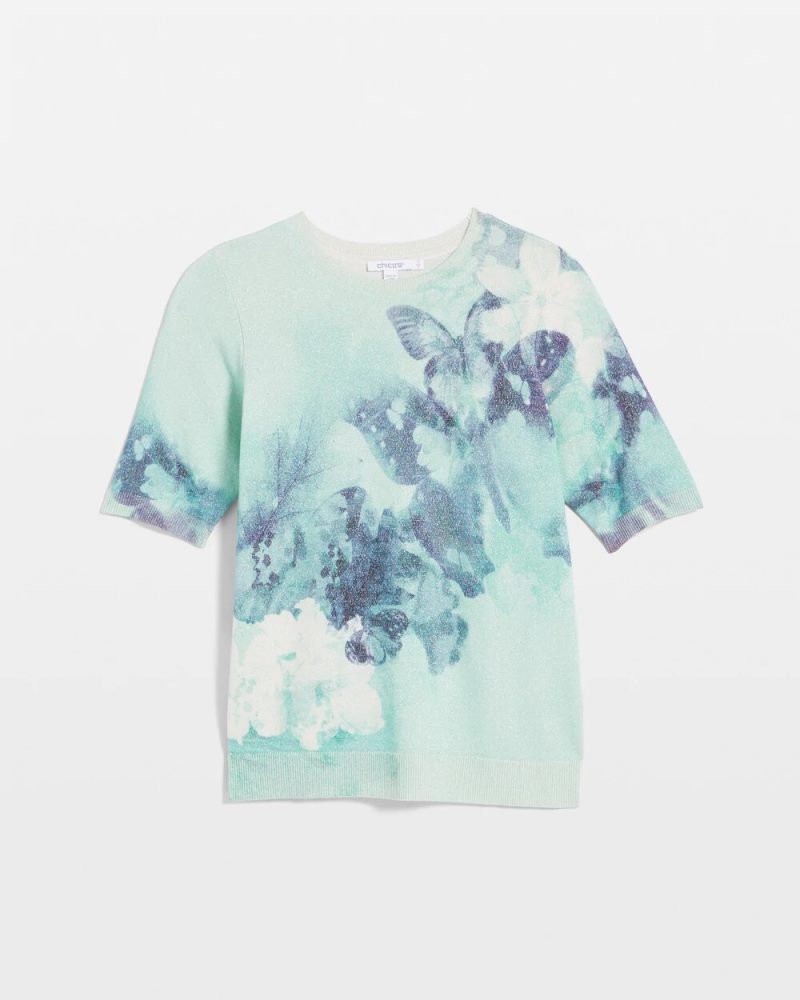 Chicos Metallic Butterfly Print Sweater Tee - TEAL WATERS