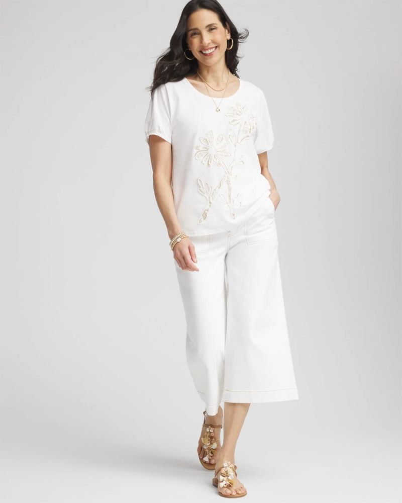 Chicos Artisanal Embroidered Short Sleeve Tee - ALABASTER