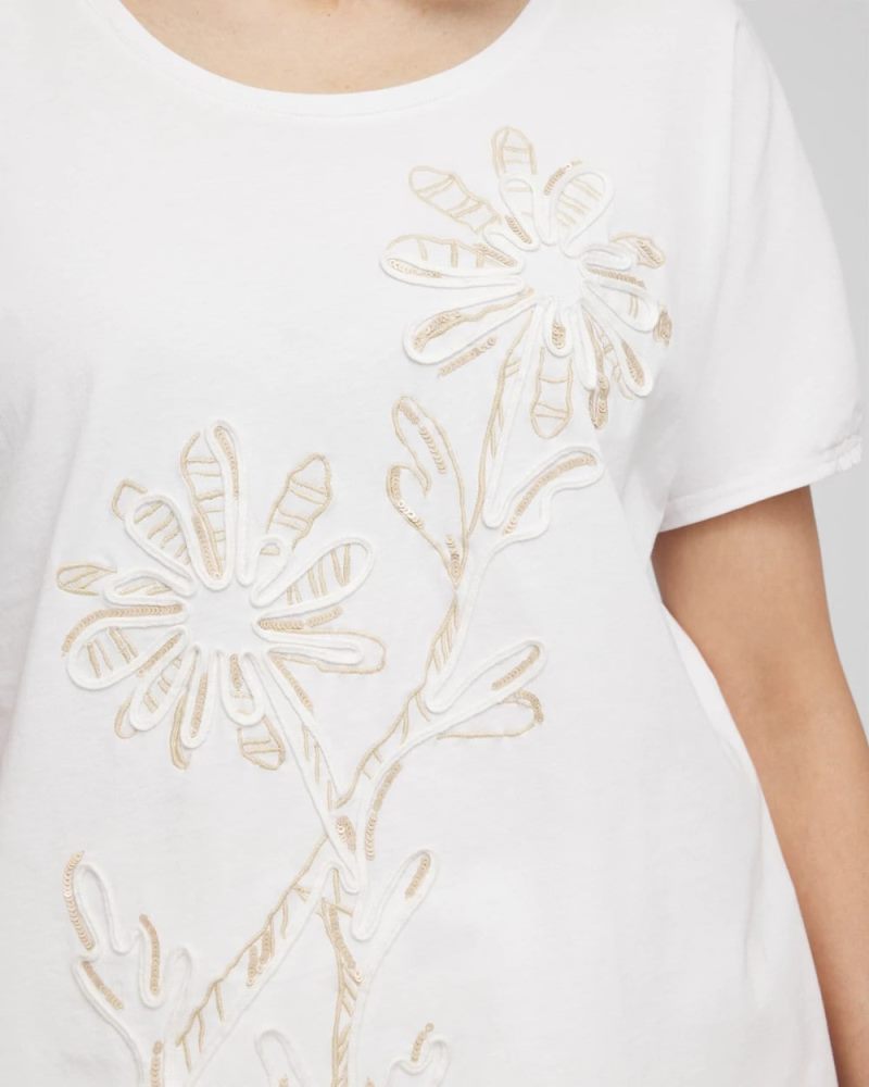 Chicos Artisanal Embroidered Short Sleeve Tee - ALABASTER