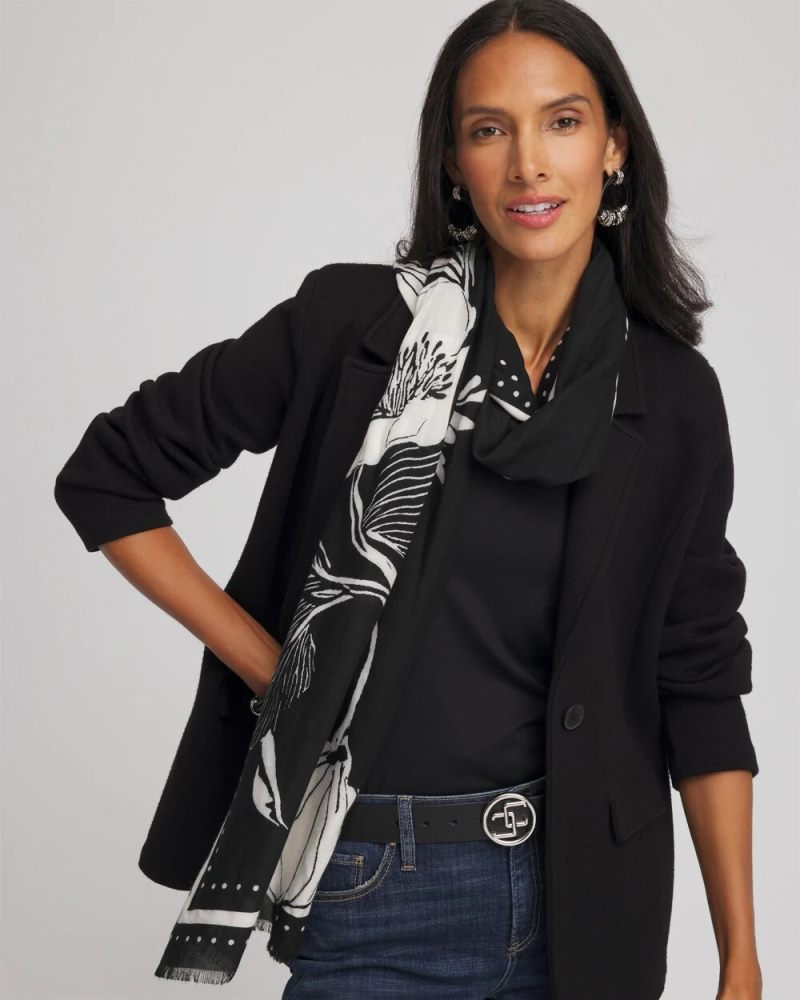Chicos Floral Woven Oblong Scarf - BLACK