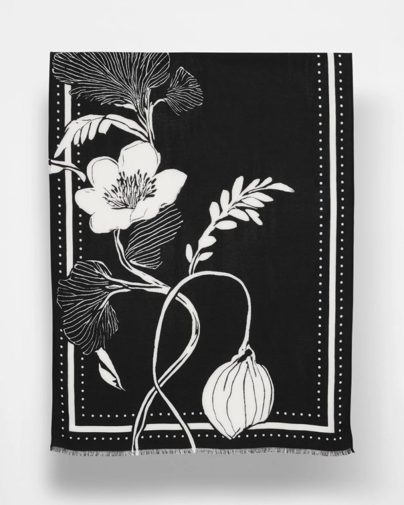 Chicos Floral Woven Oblong Scarf - BLACK