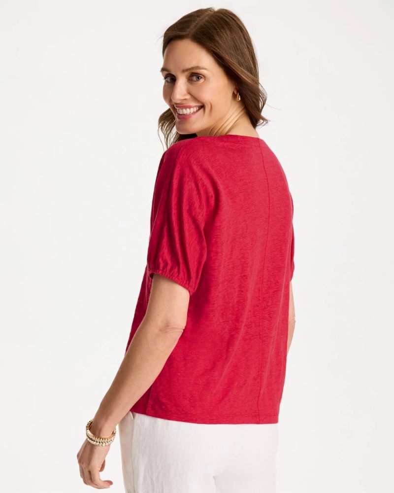 Chicos Linen Ruched V-Neck Tee - CHERRY LUSH