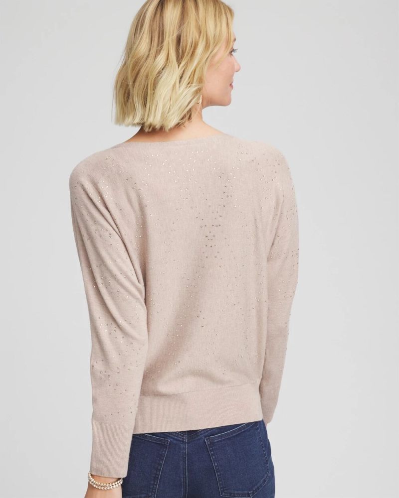 Chicos Ella Embellished Dolman Pullover Sweater - LIGHT TAUPE HEATHER