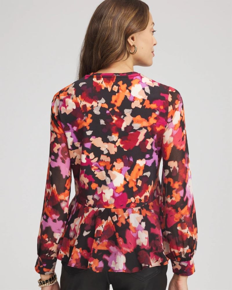 Chicos Printed Chiffon Peplum Top - BLACK