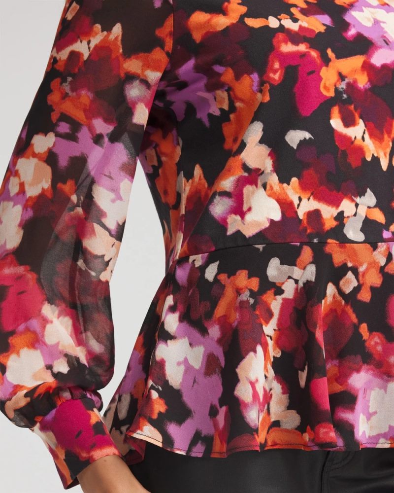 Chicos Printed Chiffon Peplum Top - BLACK