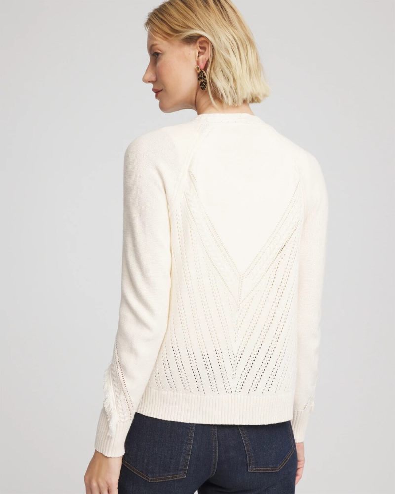 Chicos Cable Knit Fringed Sweater - ENGLISH CREAM