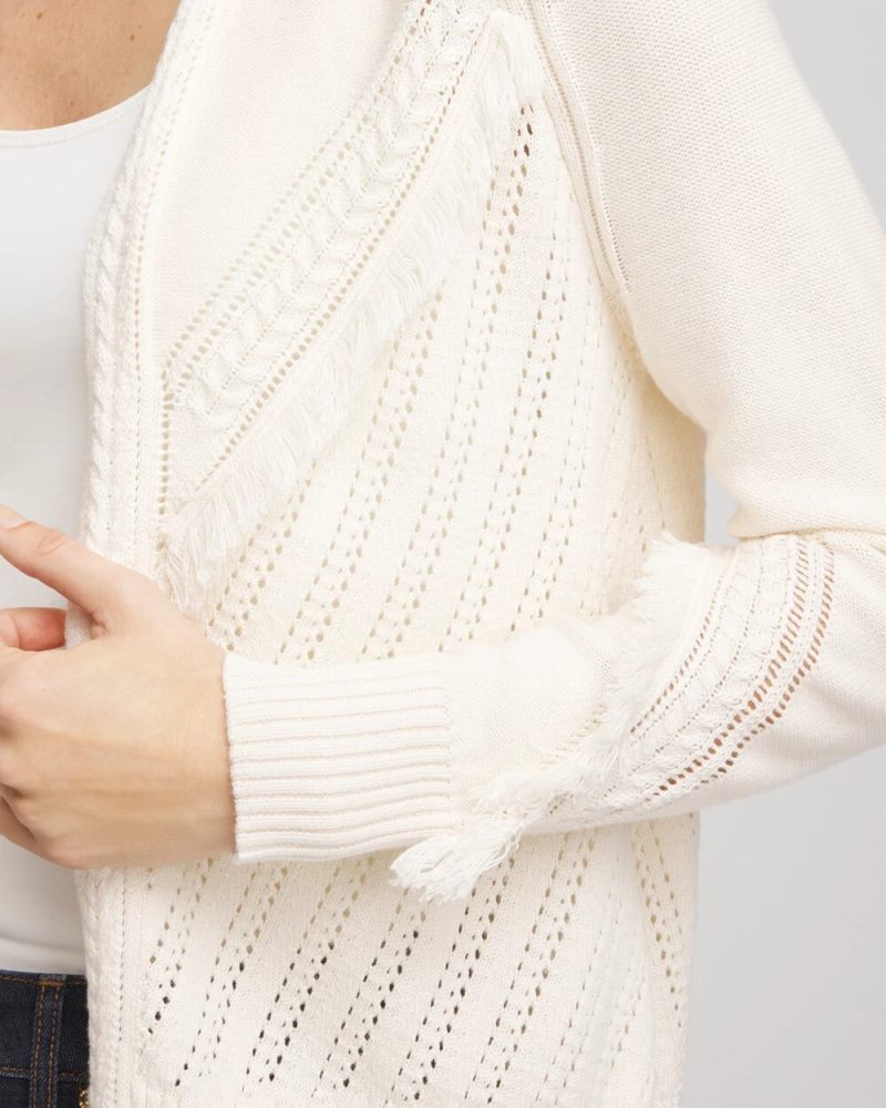 Chicos Cable Knit Fringed Sweater - ENGLISH CREAM