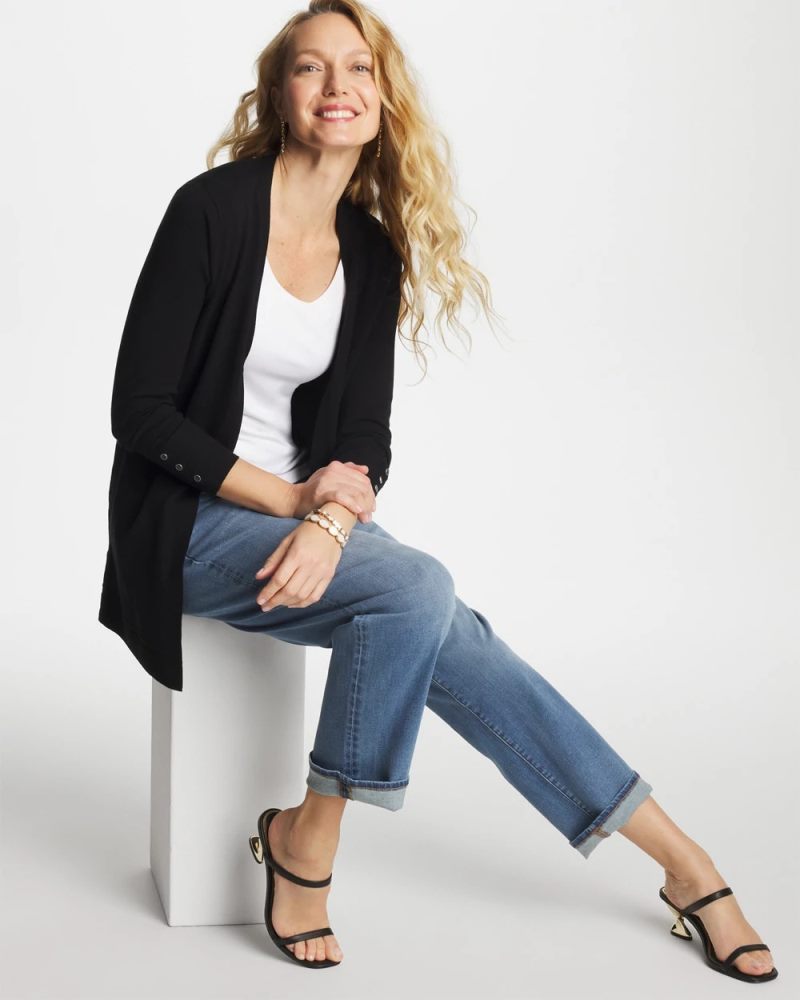 Chicos Ella Ottoman-Trim Cardigan - BLACK