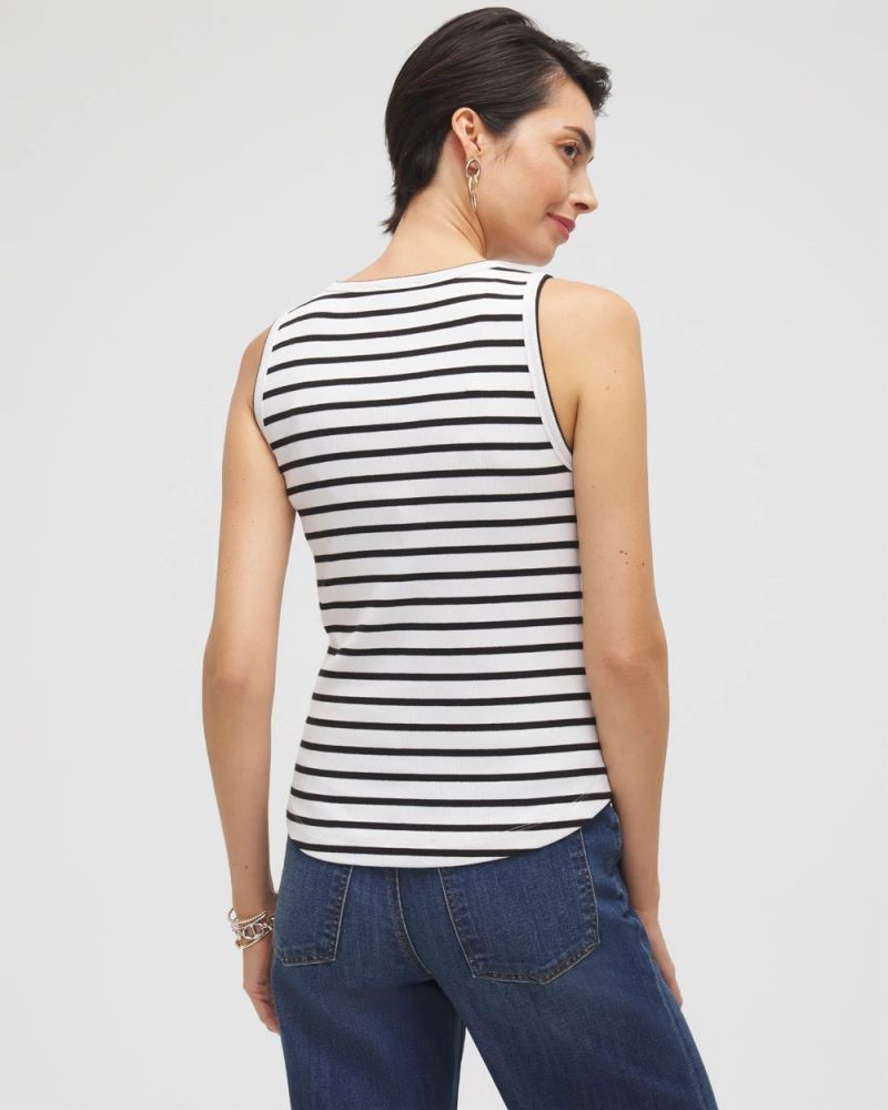 Chicos Stripe Ribbed High Neck Tank - BLACK