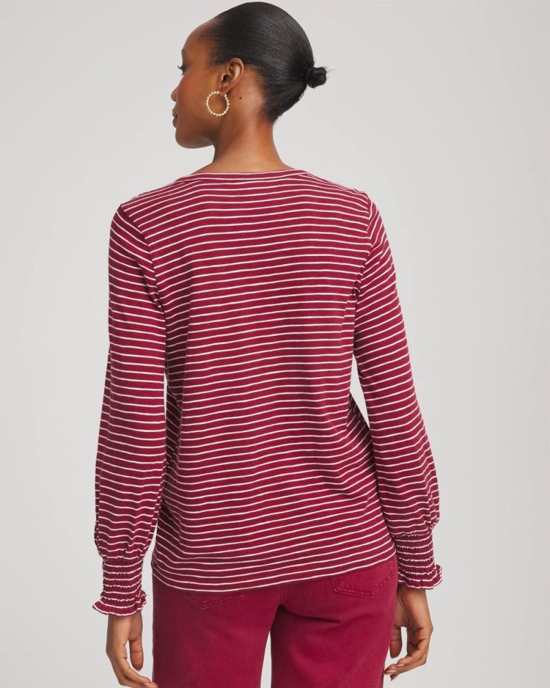 Chicos Smocked-Sleeve Cotton-Slub Tee - RUSSET RED