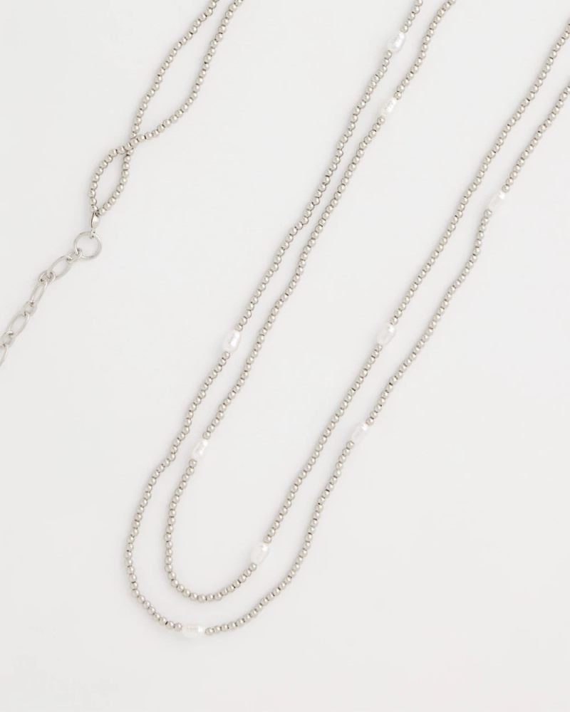 Chicos Pearlescent Bead Ball Long Necklace - SILVER