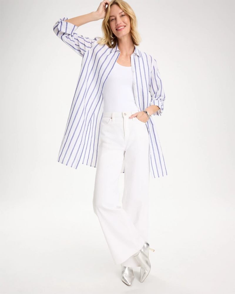 Chicos Linen Metallic Striped Duster Shirt - ALABASTER