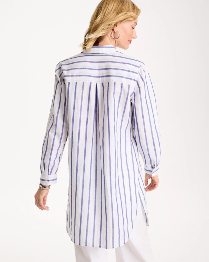 Chicos Linen Metallic Striped Duster Shirt - ALABASTER