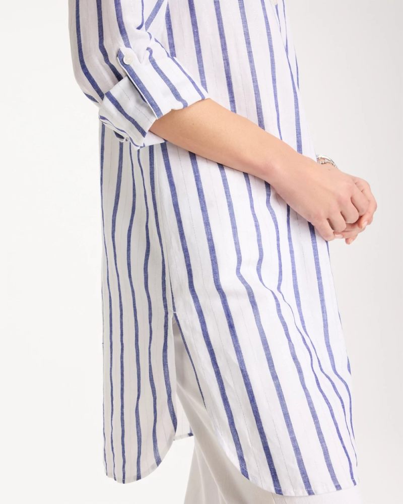 Chicos Linen Metallic Striped Duster Shirt - ALABASTER