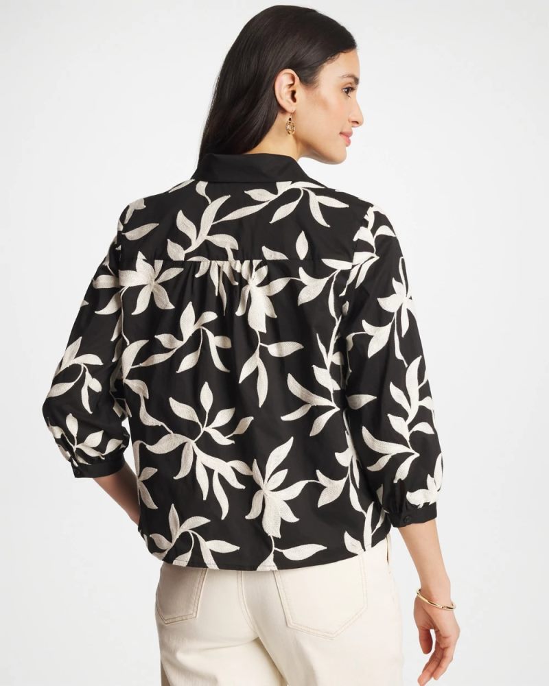 Chicos Embroidered Cropped Collared Shirt - BLACK