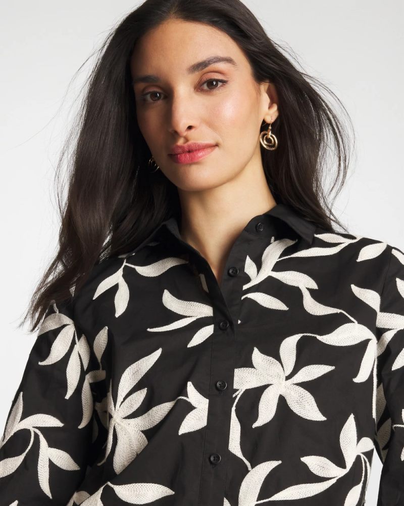 Chicos Embroidered Cropped Collared Shirt - BLACK