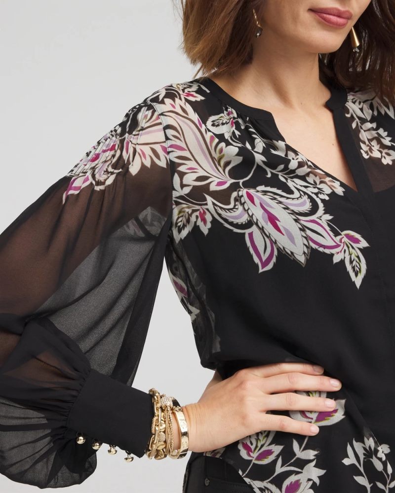 Chicos Floral Pintuck Sleeve Blouse - BLACK