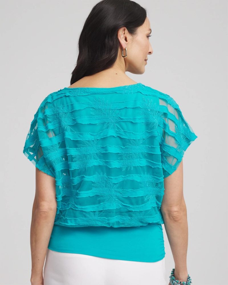 Chicos Embroidered Striped Banded Bottom Top - SEASPRAY