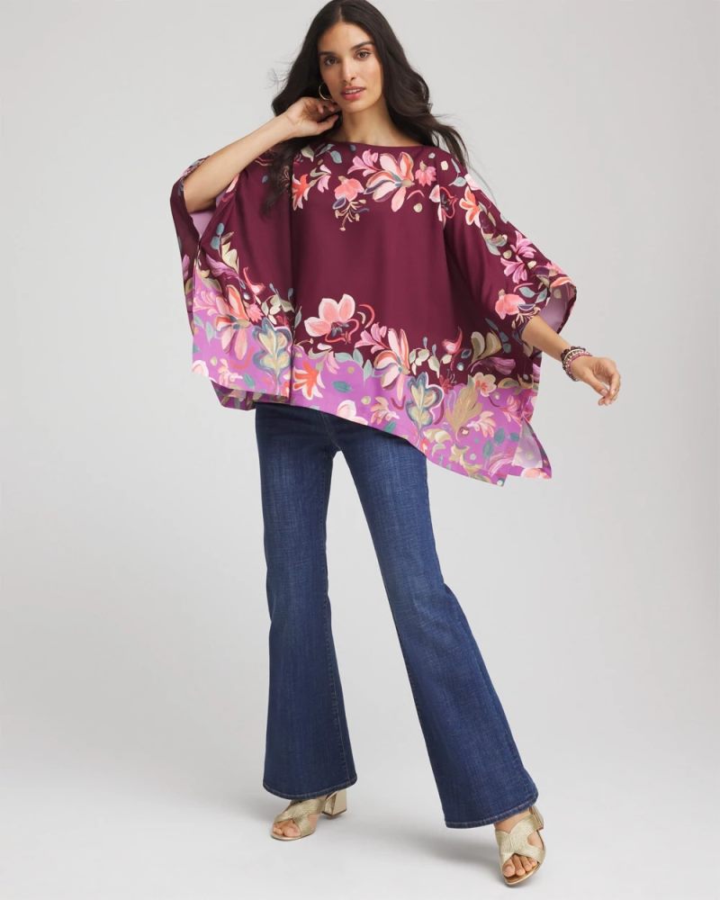 Chicos Printed Boatneck Pullover Poncho - DEEP CHIANTI