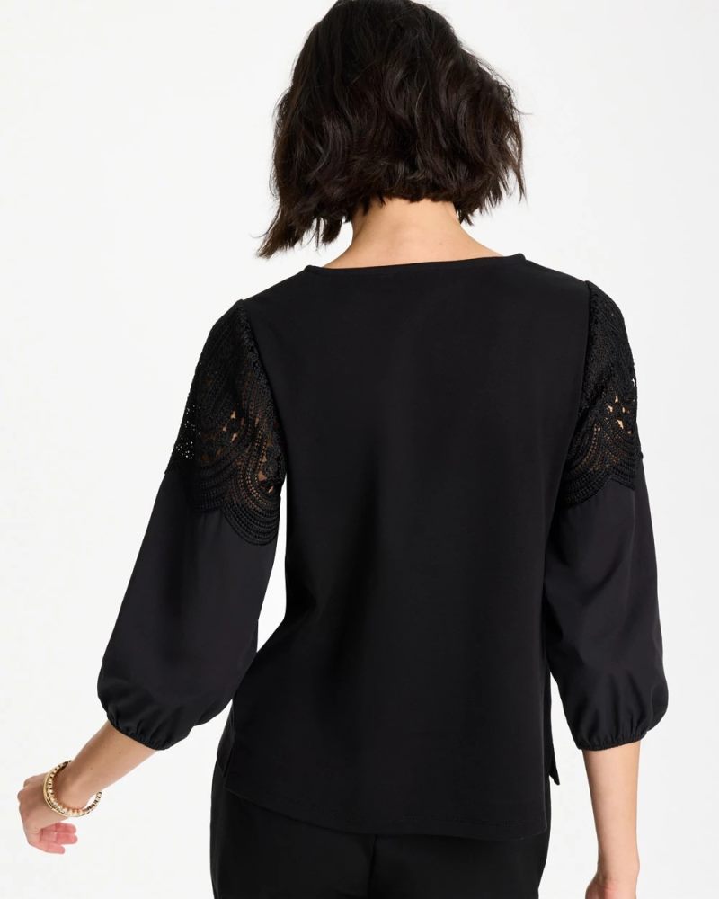 Chicos Lace Crochet Sleeve Tee - BLACK