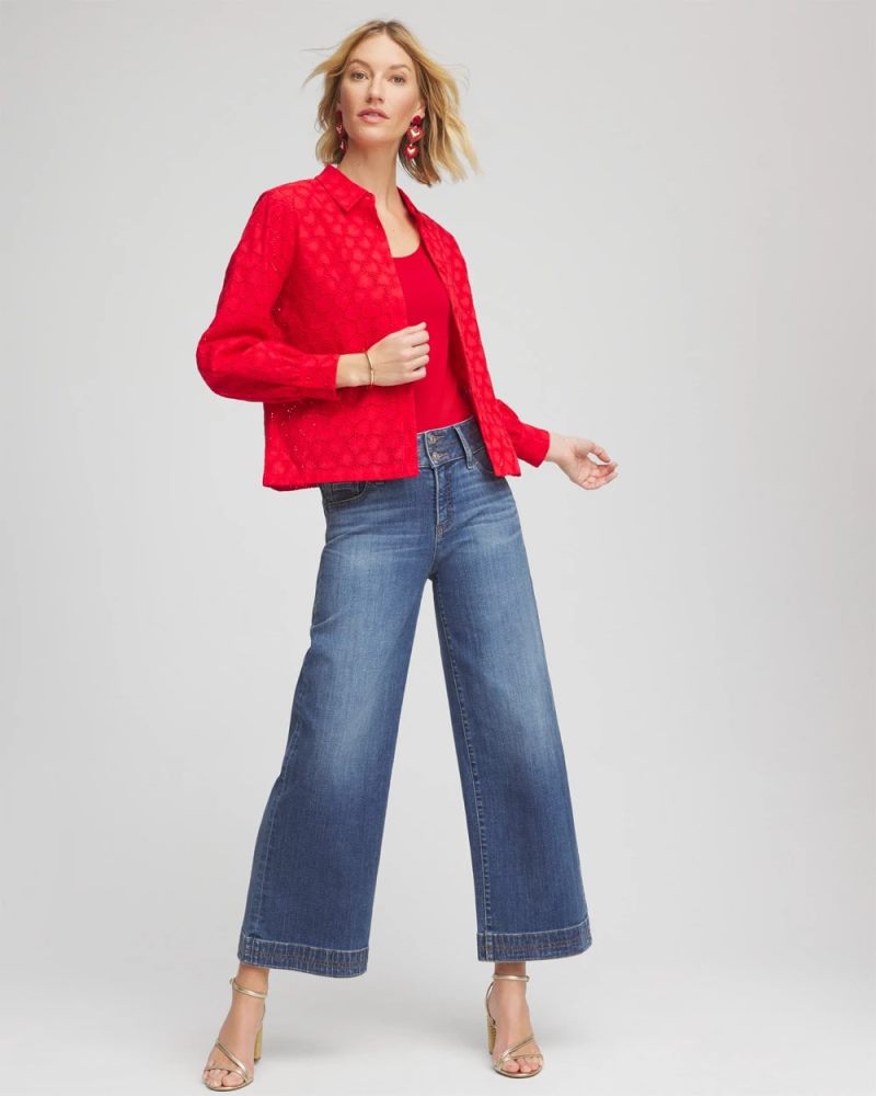 Chicos Heart Eyelet Button Down Shirt - LOVE LETTER RED